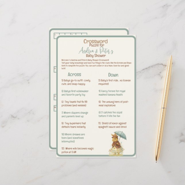 Little Girl Rustic Bunny Baby shower kruiswoordraa (Voorkant / Achterkant in situ)