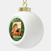 Little Girl Singing Carols Green Faux Glitter Keramische Bal Ornament (Rechts)