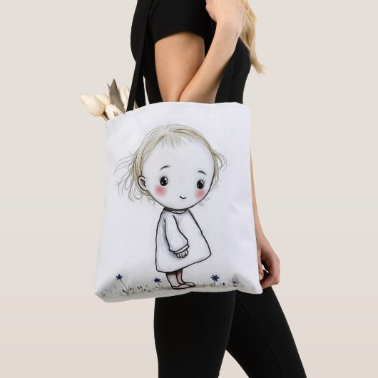 Little Girl Sketch met wilde bloemen Tote Bag (Dichtbij)