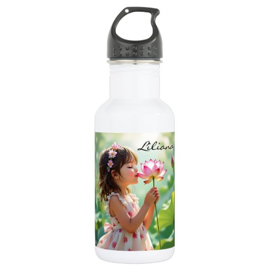 Little Girl Smelling a Pink Rose Personalized Waterfles (Voorkant)