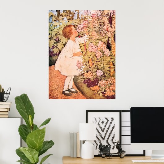 Little Girl Smelling Flowers  Illustratie Poster (Thuiskantoor)
