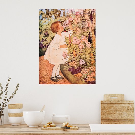 Little Girl Smelling Flowers  Illustratie Poster (Keuken)