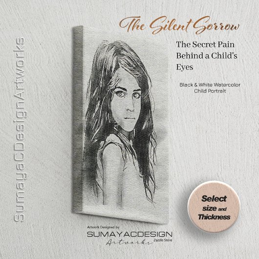 Little Girl Waterverf Portrait | Zwart & Wit Canvas Afdruk