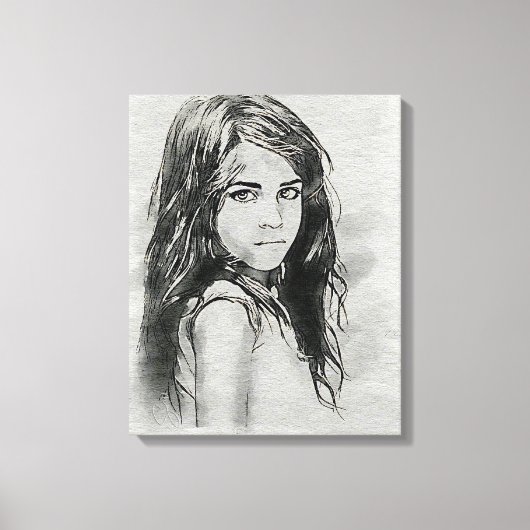 Little Girl Waterverf Portrait | Zwart & Wit Canvas Afdruk (Voorkant)
