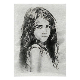 Little Girl Waterverf Portrait | Zwart & Wit Foto Afdruk