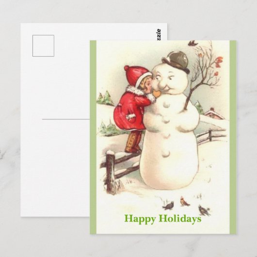 Little Girl Whispering to Snowman Prettige feestda Briefkaart (Voorkant / Achterkant)