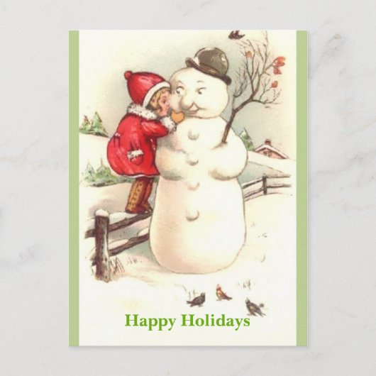 Little Girl Whispering to Snowman Prettige feestda Briefkaart (Voorkant)