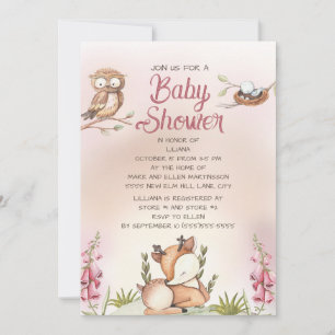 Little Girl Woodland Animals Deer Owl Baby shower Kaart