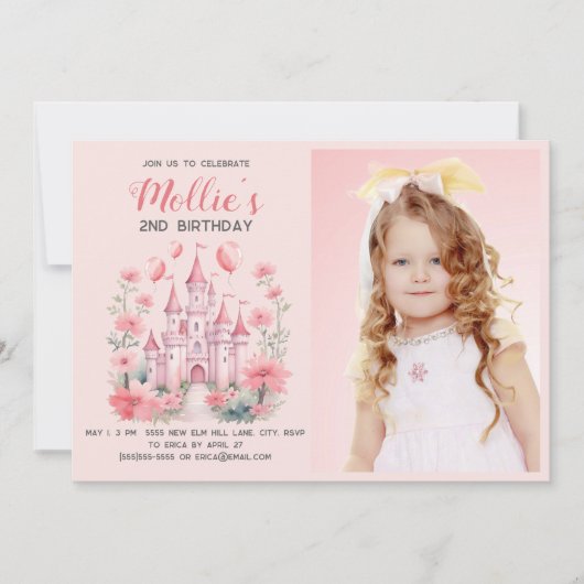 Little Girls 2e Verjaardag Roze Kasteel Foto Kaart (Voorkant)