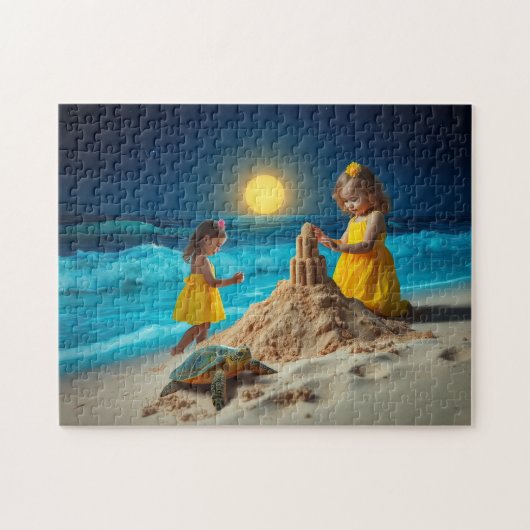 Little girls and a sea turtle building sandcastles legpuzzel (Horizontaal)