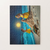 Little girls and a sea turtle building sandcastles legpuzzel (Verticaal)