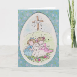 Little Girls and Little Lamb on Easter Morning Kaart