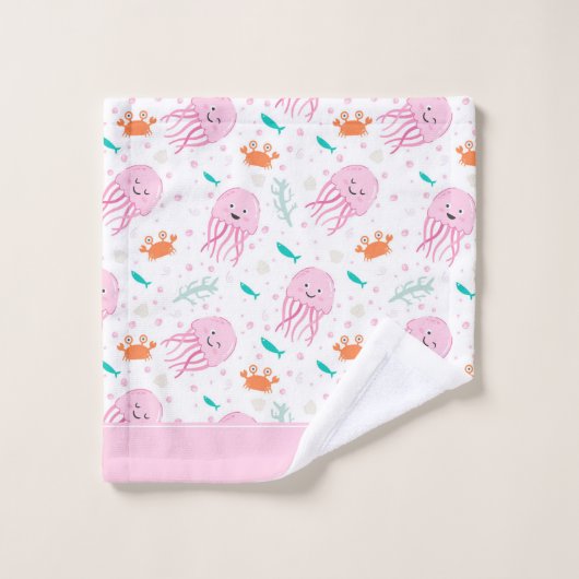Little Girls Pink Ocean Jellyfish and Crab Pattern Bad Handdoek (Wasdoekje)