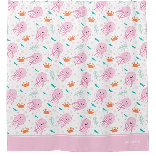 Little Girls Pink Ocean Jellyfish and Crab Pattern Douchegordijn (Voorkant)