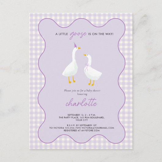 Little Goose Gingham Lila Baby shower Briefkaart (Voorkant)