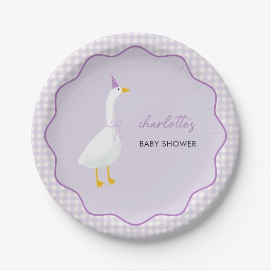 Little Goose Lila Gingham Baby shower Papieren Bordje (Voorkant)
