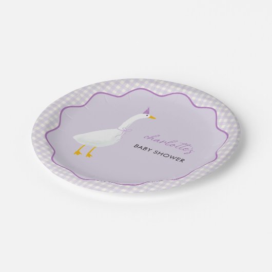 Little Goose Lila Gingham Baby shower Papieren Bordje (Gekanteld)