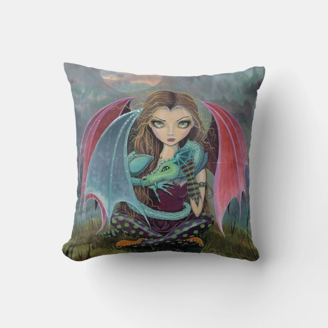 Little Gothic Fairy and Dragon Fantasy Art Pillow Kussen (Voorkant)