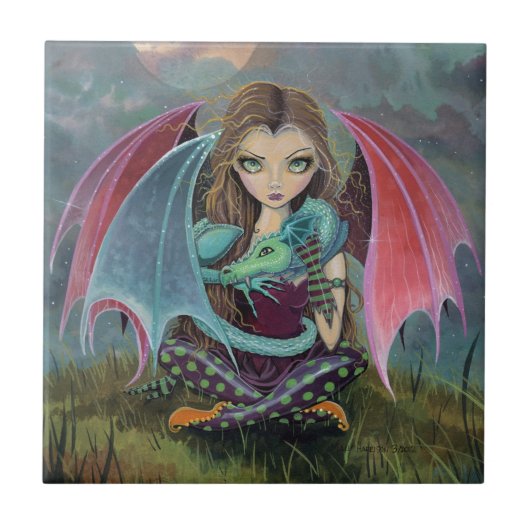 Little Gothic Fairy en Dragon Fantasy Art Tegel Tegeltje (Voorkant)