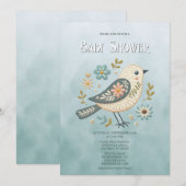 Little Green Bird Floral Baby shower Kaart (Voorkant / Achterkant)