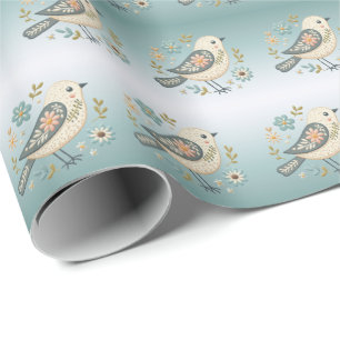 Little Green Bird Floral Wrapping Paper Cadeaupapier