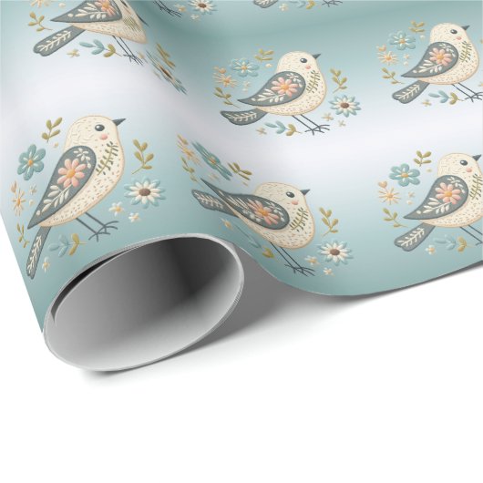 Little Green Bird Floral Wrapping Paper Cadeaupapier (Rol Hoek)