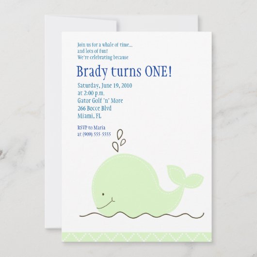 Little Green Whale 5x7 Birthday Invitation Kaart (Voorkant)