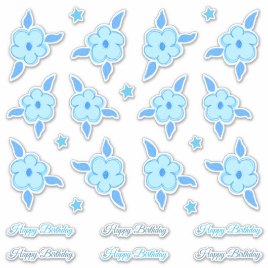 Little Happy Birthday Blauwe bloemen en sterren Sticker (Voorkant)