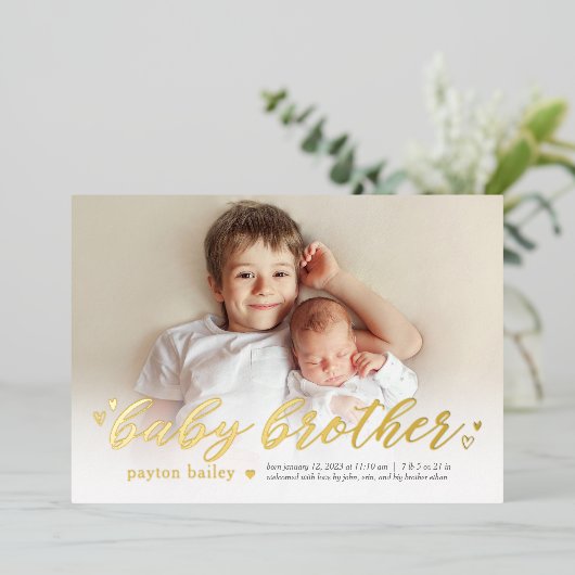Little Hearts Baby Brother Folie Birth Announement Folie Feestdagenkaart (Staand Voorkant)
