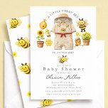 Little Honey Bee Baby Shower Invitation Kaart<br><div class="desc">Celebrate your sweet little honey bee with this charming bee-themed baby shower invitation. This design features an adorable beekeeper outfit surrounded by playful bees, honeycomb, sunflowers, and honey-inspired details. Soft watercolor illustrations create a warm and whimsical feel perfect for a bee, honey, or garden-themed baby shower. The coordinating bee and...</div>