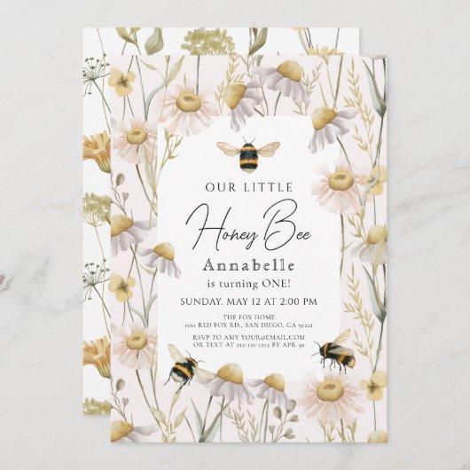 Little Honey Bee Chamomile Pink 1e verjaardag Kaart (Voorkant / Achterkant)