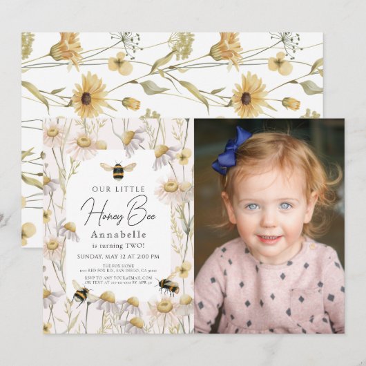 Little Honey Bee Chamomile Pink Birthday Foto Kaart (Voorkant / Achterkant)