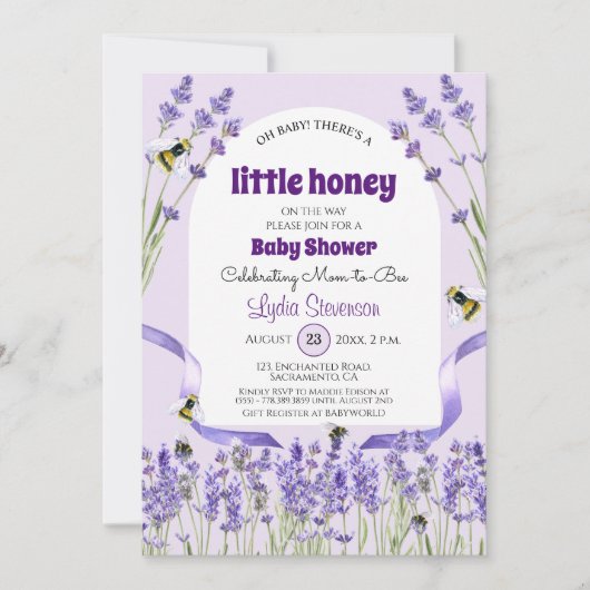 Little Honey Bee Lavender Baby shower Invitation Kaart (Voorkant)