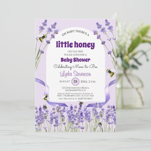 Little Honey Bee Lavender Baby shower Invitation Kaart (Staand voorkant)