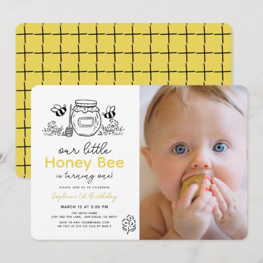 Little Honey Bee Photo Hand-drawn 1st Birthday Kaart (Voorkant / Achterkant)