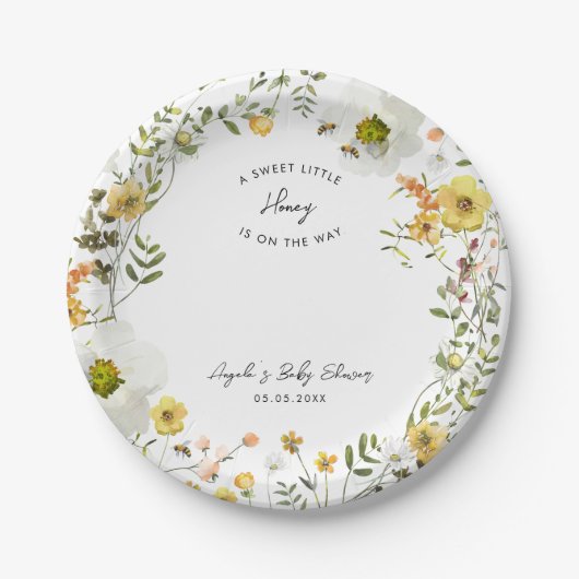Little Honey Bee Yellow Wildflowers Baby shower Papieren Bordje (Voorkant)
