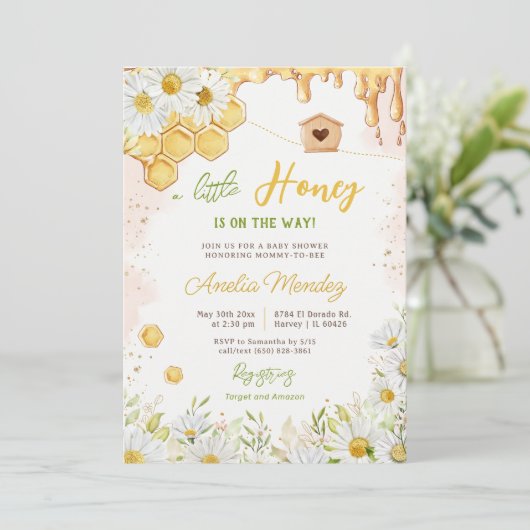 Little Honey Bumblebee Mam to Bee Baby shower Kaart (Staand voorkant)