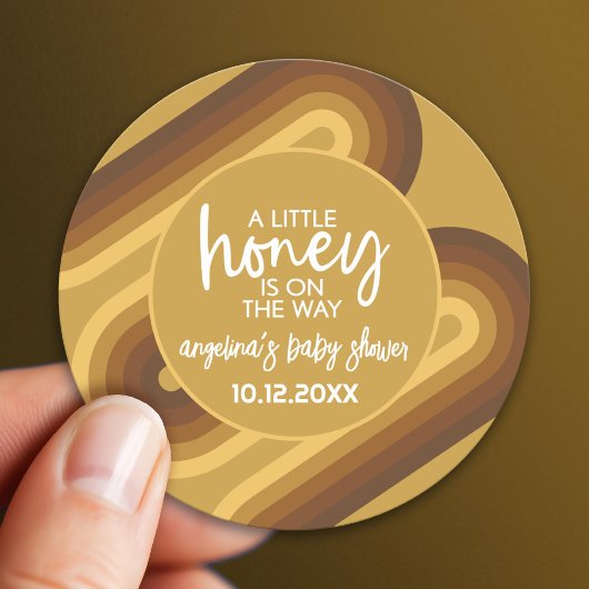 Little Honey on the Way Retro Stripes Baby shower Ronde Sticker