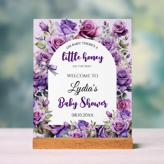 Little Honey Paarse Rozen Baby shower Welkom Acryl Bord (Neutraal)