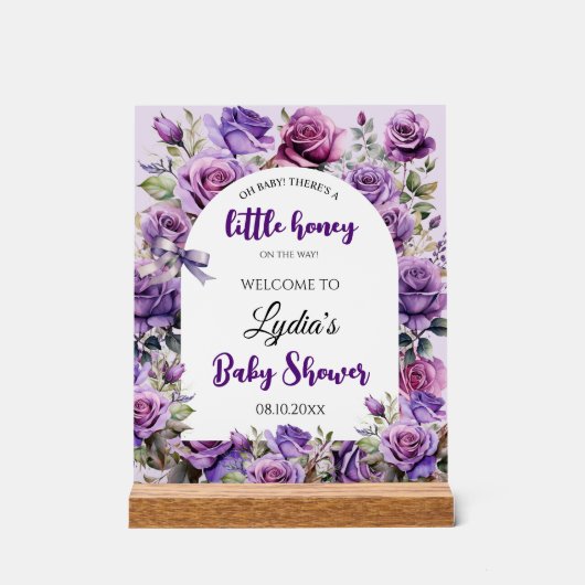 Little Honey Paarse Rozen Baby shower Welkom Acryl Bord (Voorkant)