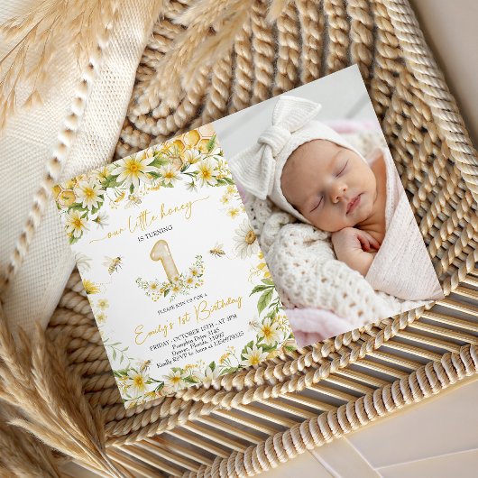 Little Honey Photo 1st Birthday Invite Kaart