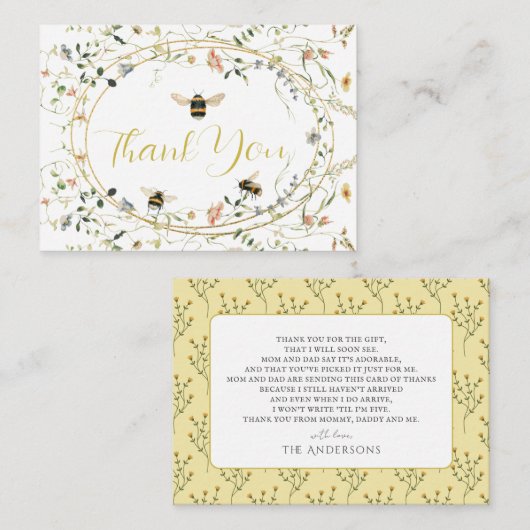 Little Honey Wildflower Bee Baby Shower Thank You Notitiekaartje (Voorkant / Achterkant)