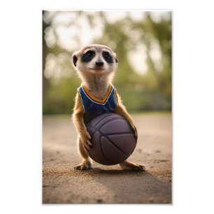 Little Hoop Star: Baby Meerkat Holding Basketball Foto Afdruk