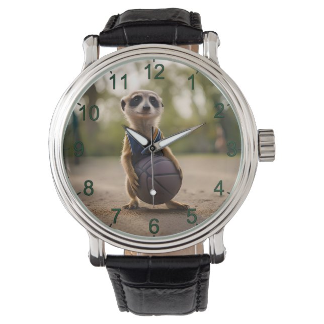 Little Hoop Star: Baby Meerkat Holding Basketball Horloge (Voorkant)