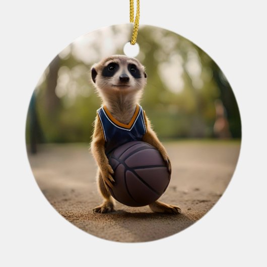 Little Hoop Star: Baby Meerkat Holding Basketball Keramisch Ornament (Voorkant)