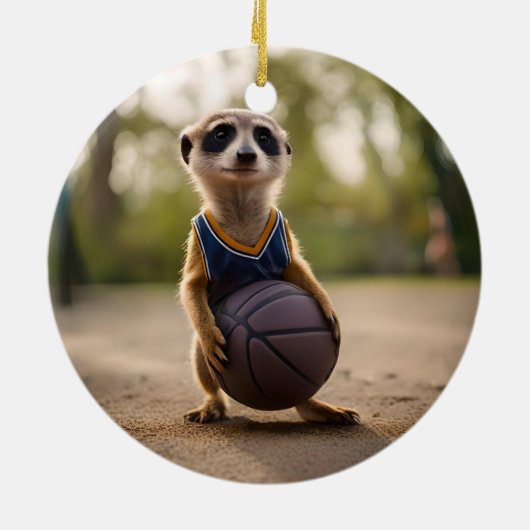 Little Hoop Star: Baby Meerkat Holding Basketball Keramisch Ornament (Achterkant)
