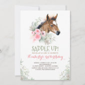 Little Horse Pink Floral Birthday Invitation Kaart (Voorkant)