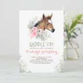 Little Horse Pink Floral Birthday Invitation Kaart (Staand voorkant)