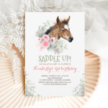 Little Horse Pink Floral Birthday Invitation