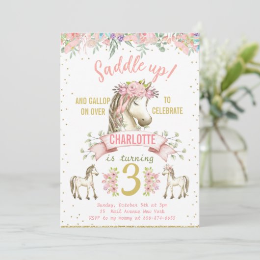 Little Horse Pony Cowgirl Verjaardagsuitnodiging Kaart (Staand voorkant)